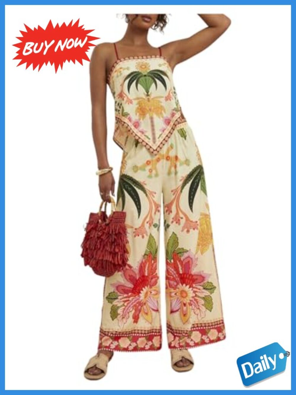 RoseSeek 2 Piece Set Women Dressy Summer Floral Tropical Outfit Spaghetti Strap